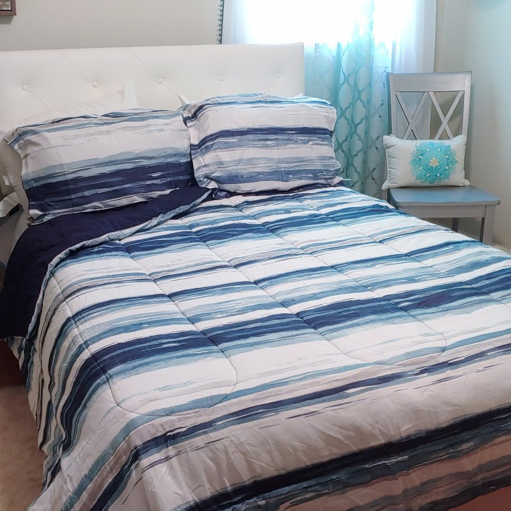 Three Piece Full or Queen Watercolor Stripe Comforter Set